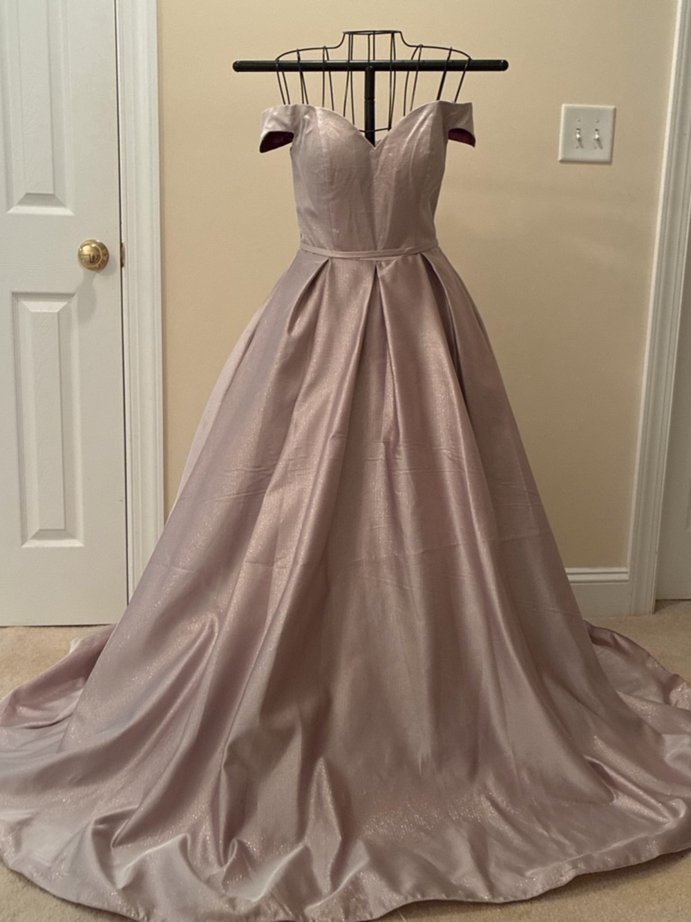 Mauve purple satin A-line prom dress with off-the-shoulder neckline